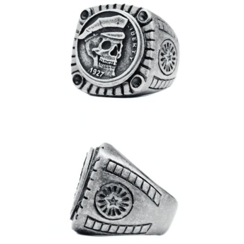 Grosse bague homme chevalière acier biker tête de mort liberty 1927 de profil et face