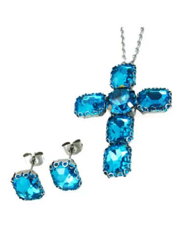 Parure chaine pendentif croix et boucles d'oreilles femme acier cristaux bleu
