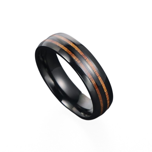 Bague anneau alliance mariage homme acier noir double ligne bois de profil