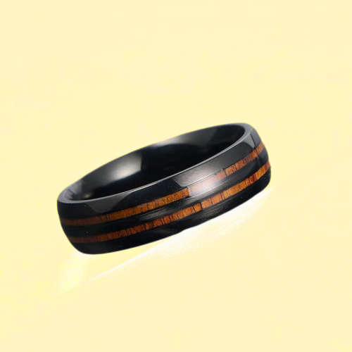 Bague anneau alliance mariage homme acier noir double ligne bois sur fond jaune