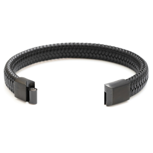 Men's bracelet braided leather and stainless steel black stylish open class 2