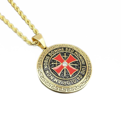 Grand pendentif homme acier or forme médaillon croix des templiers non nobis