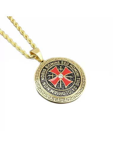 Large gold steel men's pendant in the shape of a non-nobis Templar cross medallion