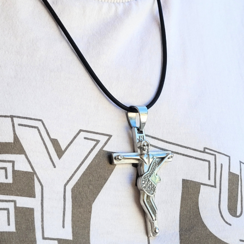 Johnny Hallyday Pendant Necklace Cross Guitar Stainless Steel Chain Included Scope