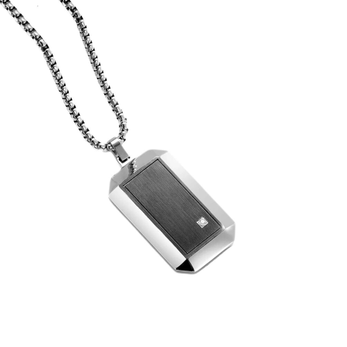 Collier pendentif plaque militaire homme acier serti faux diamant chaine incluse de profil