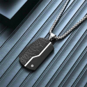 Men's rectangular military plate pendant in black steel with cracked surface on a blue background