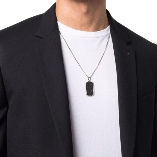 Carbon black military plate steel pendant necklace set with chain included worn by a man