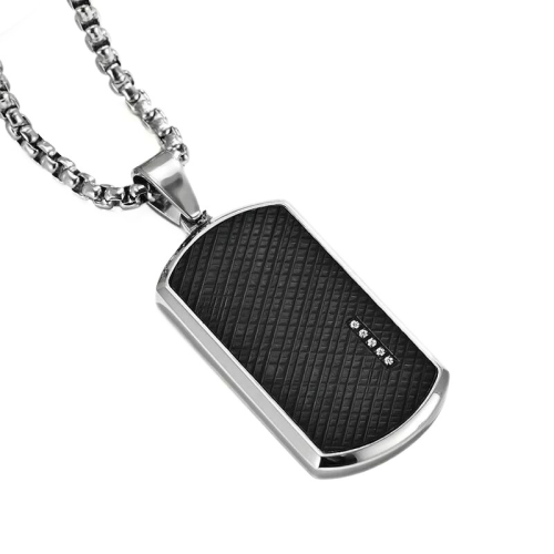 Men's black carbon military plate steel pendant necklace set with chain included in profile