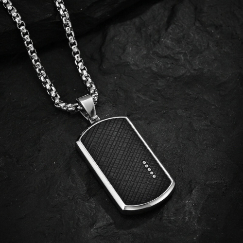 Men's black carbon military plate steel pendant necklace set with chain included black background