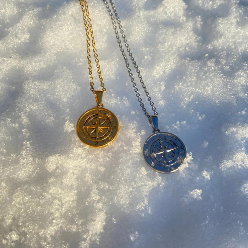 Men's compass pendant necklace, gold steel Cuban chain of your choice, exposed on snow