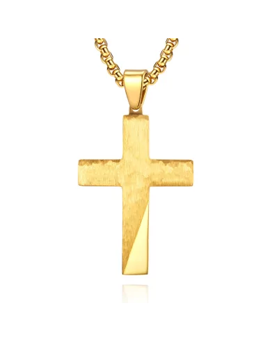 Collier pendentif homme et chaine incluse croix acier doré or fin martelé