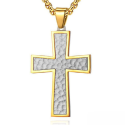 Collier pendentif homme et chaine incluse croix martelée acier or fin de près