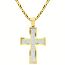 Collier pendentif homme et chaine incluse croix martelée acier or fin