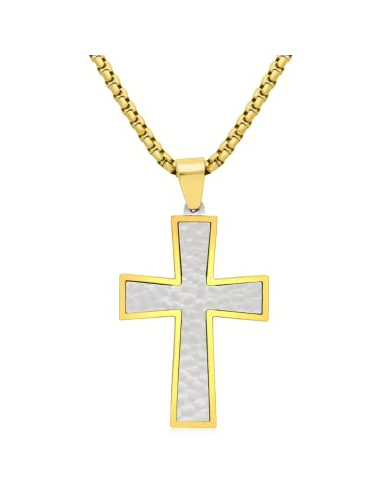 Collier pendentif homme et chaine incluse croix martelée acier or fin