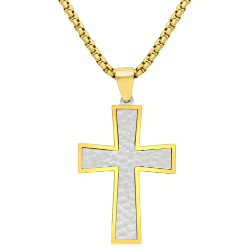 Halskette und Kette für Herren mit gehämmertem Kreuz aus feinem Goldstahl
