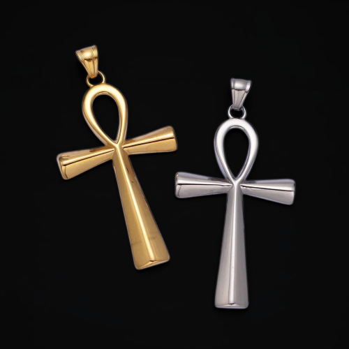Collier homme pendentif croix égyptienne ankh acier couleur or sur fond noir