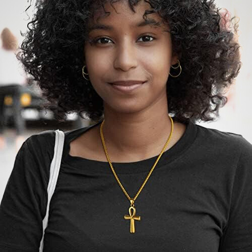 Collana da donna con pendente croce ankh egiziana, acciaio color oro