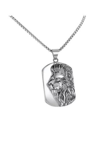 Collar con colgante de cabeza de león con placa militar de acero para hombre, cadena incluida