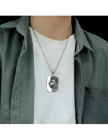 Herren-Halskette mit Militärplatten-Löwenkopf-Anhänger aus Stahl, inklusive  Kette
