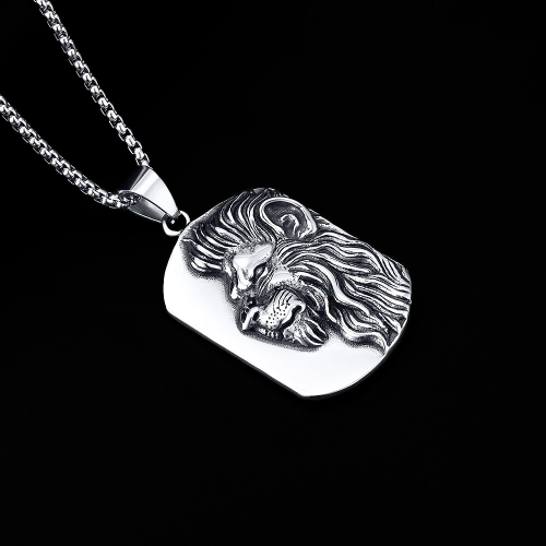 Collana ciondolo uomo acciaio piatto militare testa catena inclusa su fondo nero