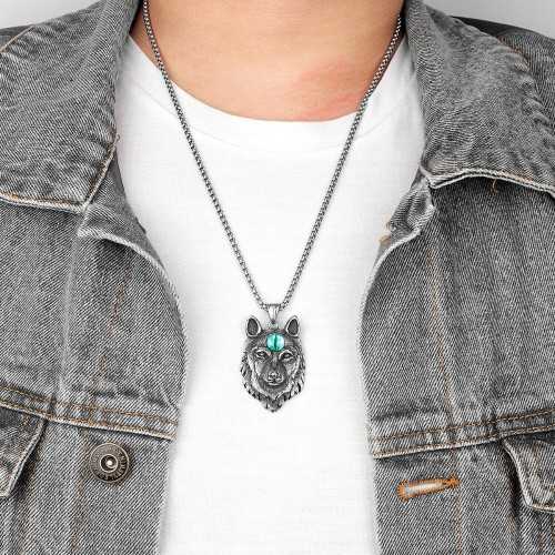 Pendant necklace wolf head fenrir blue watch chain included worn by a man