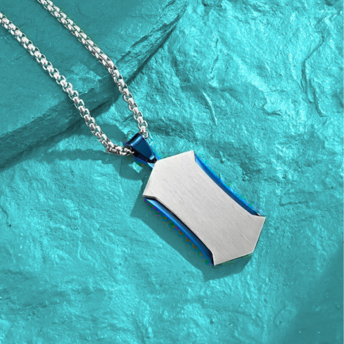 Necklace Men Pendant Military Plate Geometric Steel Color Blue Slate