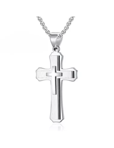Collier pendentif homme trois croix superposées acier chaine incluse