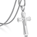 Men's three-row Christian cross pendant necklace in steel and chain included