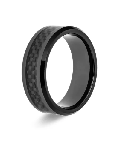 Bague anneau homme acier inoxydable noire et bande centrale carbone