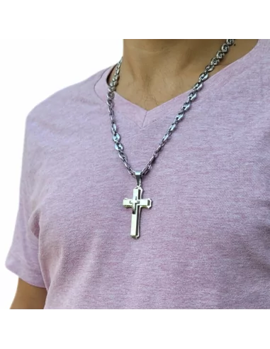 Men's pendant with three superimposed crosses and steel coffee bean chain