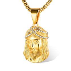 Collar con colgante rostro de Jesucristo para hombre, de acero dorado con oro fino, cadena incluida