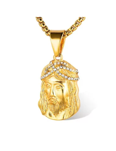Collana da uomo con ciondolo volto di Gesù Cristo, in acciaio dorato con oro zecchino, catena inclusa
