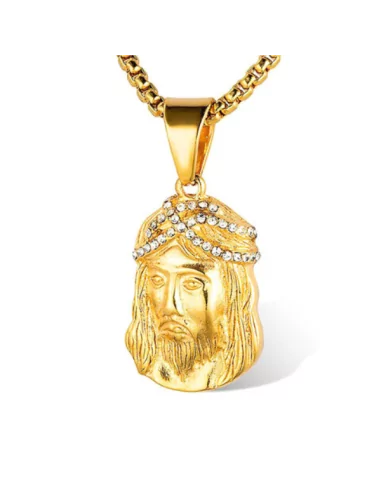 Pendentif Collier Visage De Jésus - Couronne D'épines Dorée - Acier Inoxydable Et Zircon - Neuf Emballé