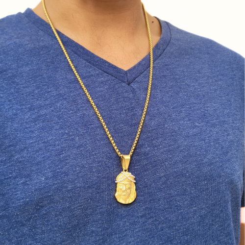 Collar con colgante de rostro de Jesucristo para hombre en acero fino chapado en oro, cadena incluida, usado por delante