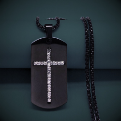 Men's black steel military cross plate pendant necklace with chain included