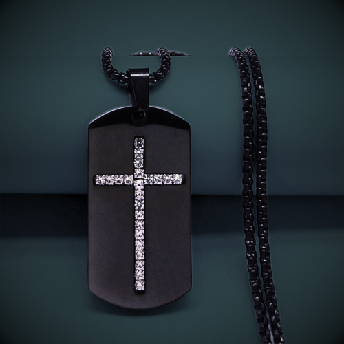 Collier pendentif plaque militaire croix homme acier couleur noire avec chaine incluse