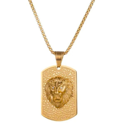 Collier pendentif homme acier doré or fin plaque militaire tête de lion en relief