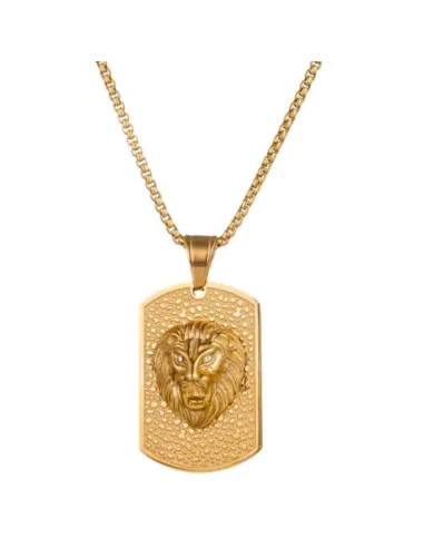 Collier pendentif homme acier doré or fin plaque militaire tête de lion en relief