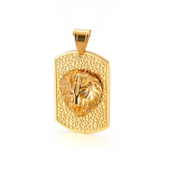 Herren-Halskette mit Anhänger aus goldenem Stahl mit Relief-Löwenkopf aus feingoldenem Militärplättchen