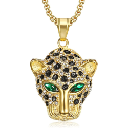 Collier pendentif homme tête de léopard yeux vert hip-hop acier doré or fin