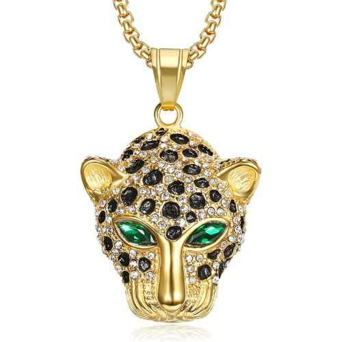 Collar con colgante para hombre cabeza de leopardo ojos verdes hip-hop acero dorado oro fino