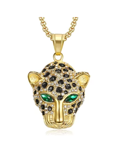 Collier pendentif homme tête de léopard yeux vert hip-hop acier doré or fin