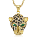 Collar con colgante para hombre cabeza de leopardo ojos verdes hip-hop acero dorado oro fino