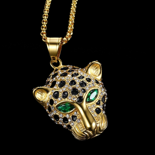 Collana pendente uomo testa leopardo occhi verde hip-hop oro oro cornice d'acciaio estremità su sfondo nero