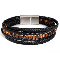 Mann Armband fünf Reihen Leder natürliche Perlen Tigerauge und Stahlverschluss