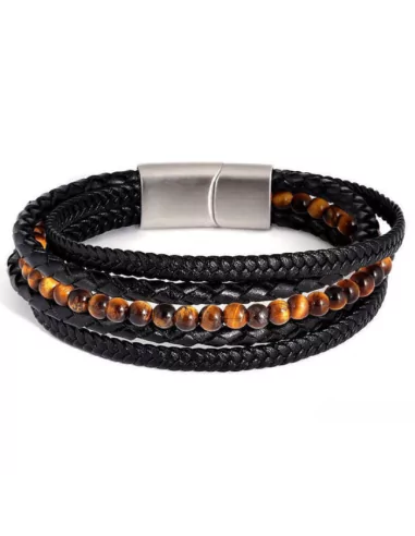 Men's five-row leather bracelet with natural tiger's eye beads and steel clasp
