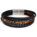 Bracelet homme cinq rangs cuir perles naturelles oeil de tigre et fermoir acier