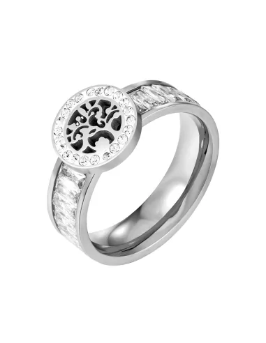 Bague anneau femme acier arbre de vie serti faux diamants zirconium