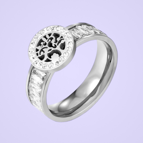 Bague anneau femme acier arbre de vie serti faux diamants zirconium fond violet