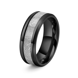 Anillo de alianza moderno y amplio para hombres en acero inoxidable negro con incrustación de banda central efecto meteorito